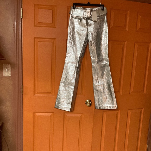 NWT Mango Belted Metallic Silver Pants/Jeans Sz 2 - Picture 1 of 4